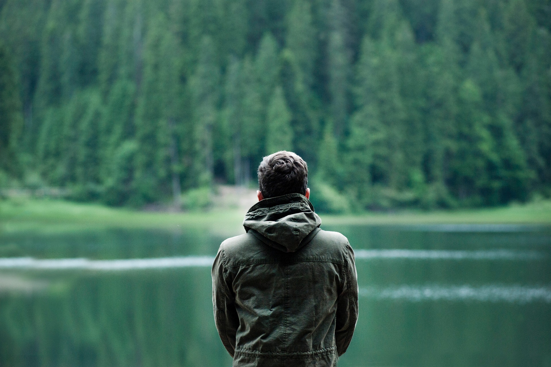 mężczyzna patrzy na jezioro i las